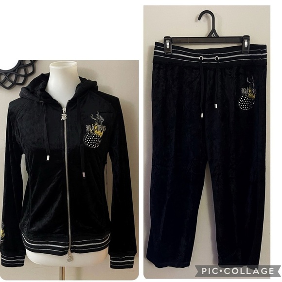 BCBG Pants - BCBG Black Velour Crop Pant Set with Rhinestone Accents Casual Fall Y2K